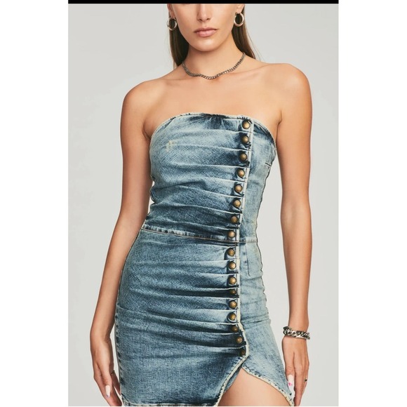 Retroféte Denim Mini Dress Strapless Button Front Slit Acid Wash XL - Picture 4 of 12